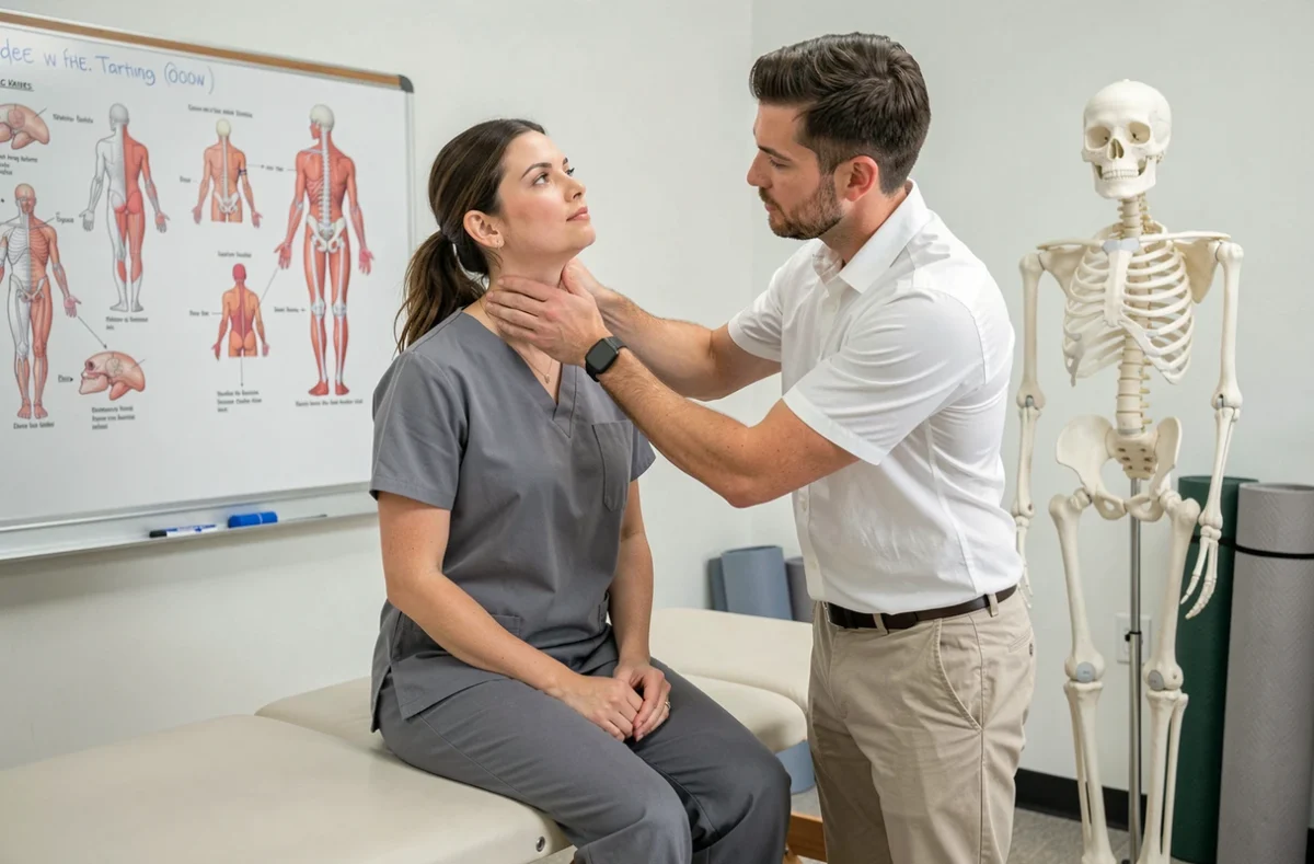 Deux étudiants en ostéopathie pratiquant une technique de bilan cervical lors d'une séance de formation clinique en salle de pratique