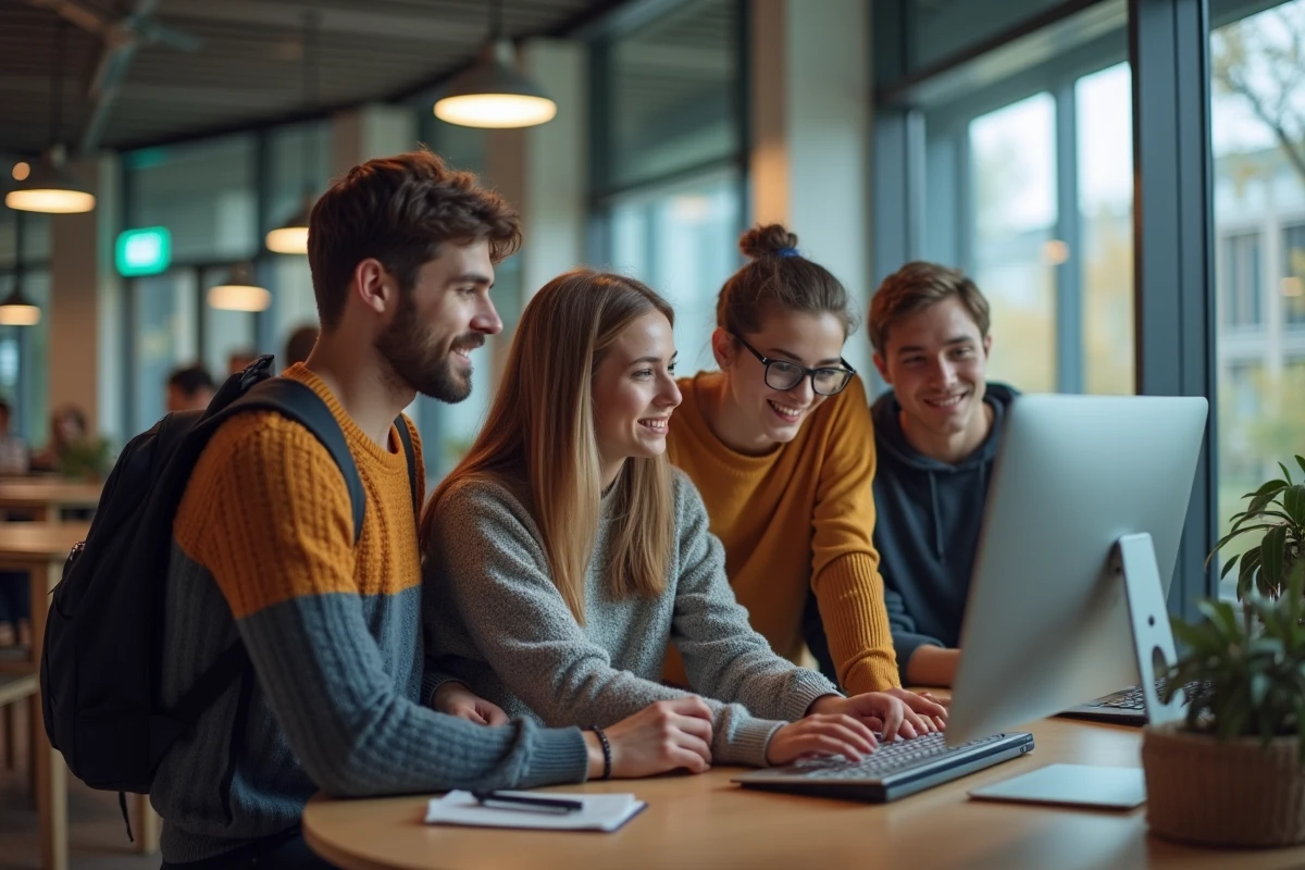 Groupe d'étudiants universitaires autour d'un ordinateur en salle moderne