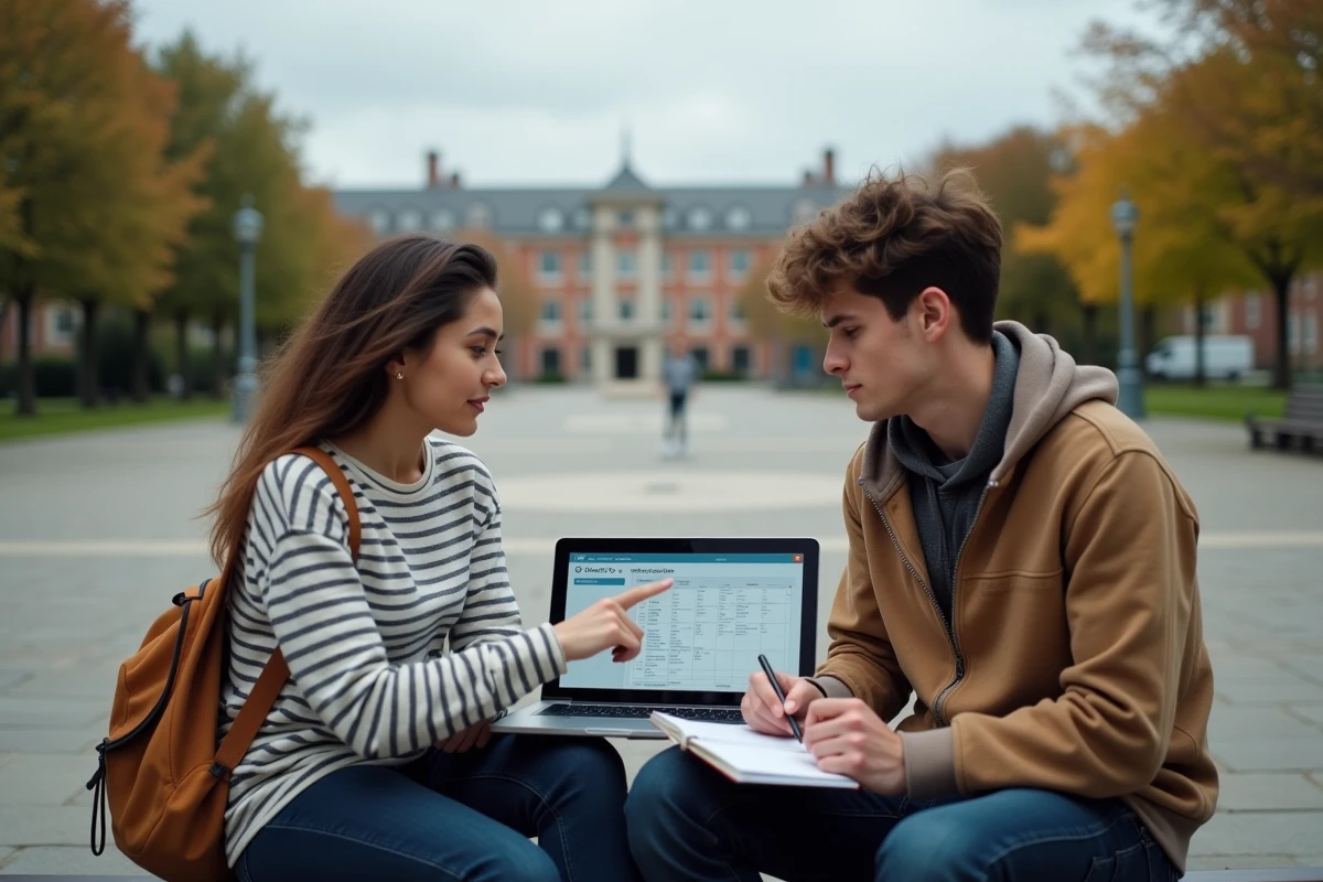 Deux étudiants vérifiant leur emploi du temps universitaire ensemble sur un laptop en extérieur sur le campus