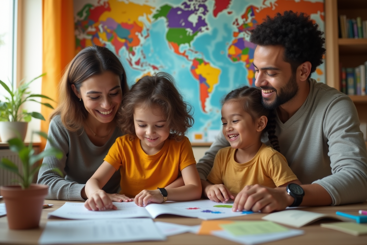 Famille multiculturelle à la maison avec matériaux éducatifs