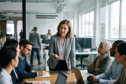 Femme d'affaires parlant à son équipe dans un bureau moderne
