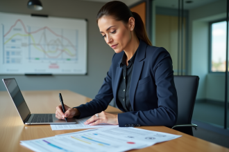 Femme d'affaires en réunion avec plan de prévention