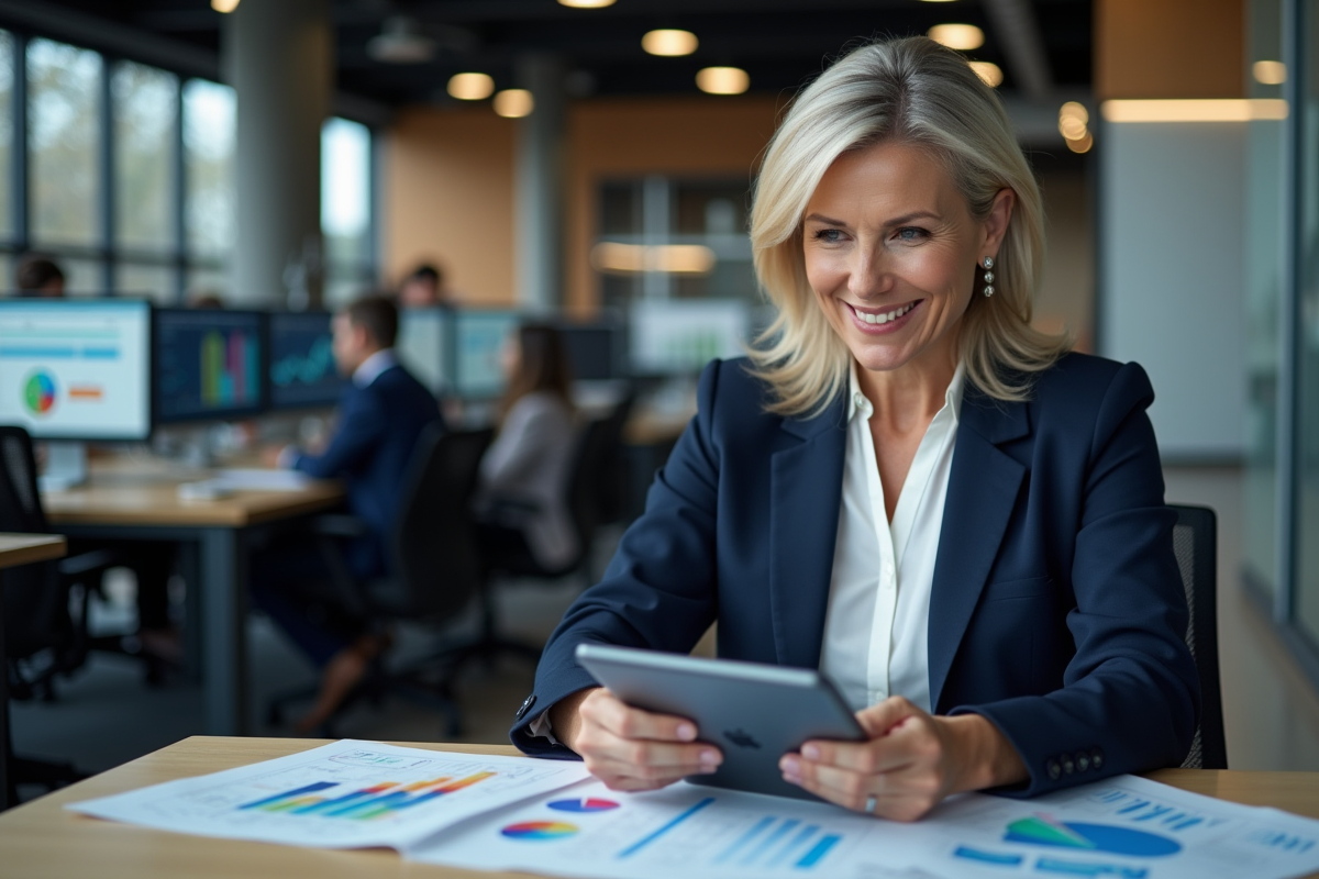 Femme d affaires en réunion avec graphiques et tablette