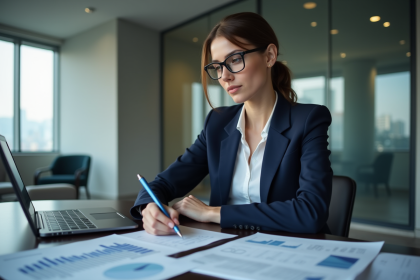 Femme d'affaires en costume bleu dans un bureau moderne
