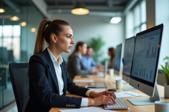 Femme d affaires analysant des données sur un ordinateur