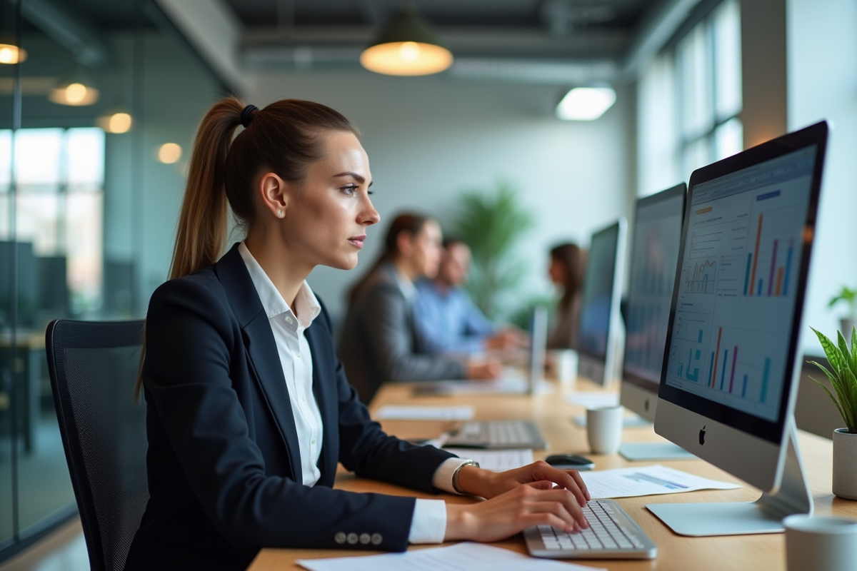 Femme d affaires analysant des données sur un ordinateur