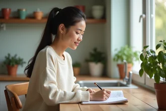 Jeune femme souriante écrit en espagnol dans un cahier à la maison
