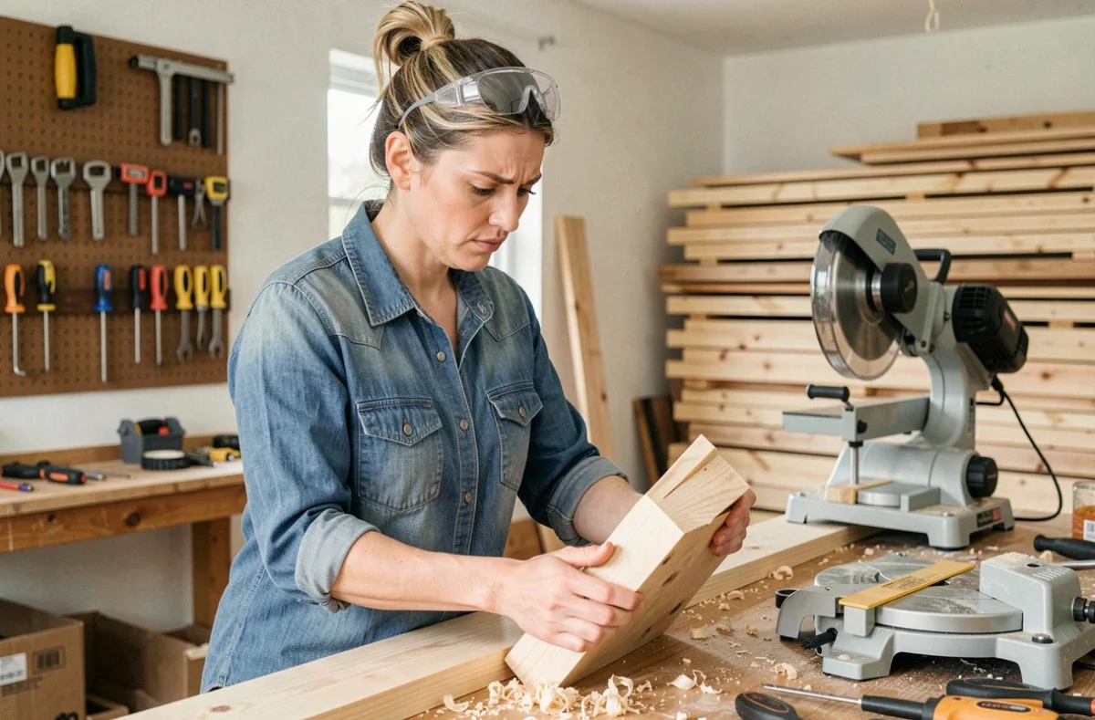Femme débutante en bricolage inspectant une pièce de bois mal coupée sur un établi dans un atelier garage
