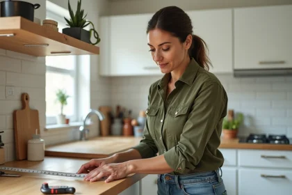 Femme seule mesurant une étagère en bois dans sa cuisine lors d'une formation bricolage pratique