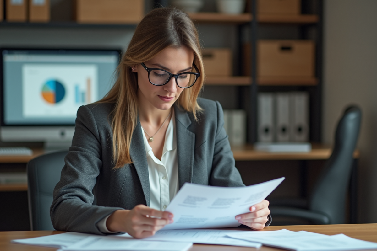 Femme d'âge moyen en blazer regardant des documents au bureau