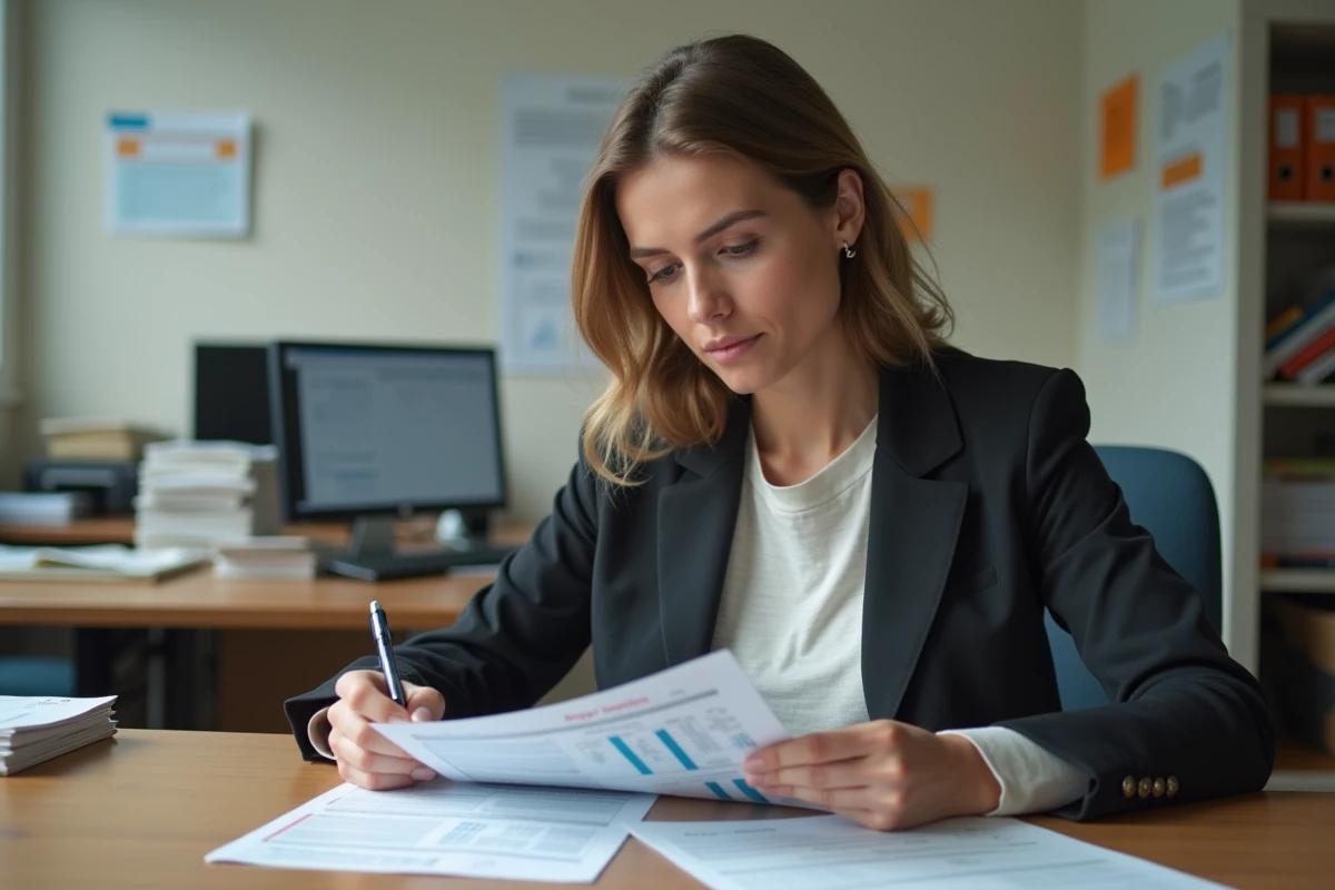 Femme adulte examinant les documents officiels du permis moto A2 dans un bureau administratif, représentant les démarches selon l'âge