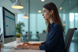 Femme au bureau utilisant un tableau de bord intranet