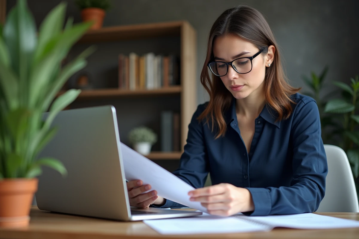 Femme d'affaires à domicile examine des documents