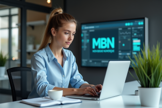 Jeune femme au bureau utilisant un ordinateur portable