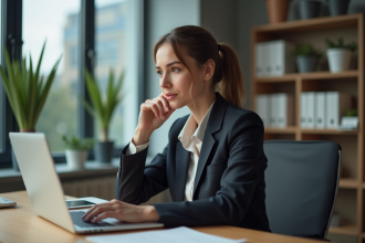 Femme en bureau moderne regardant son ordinateur