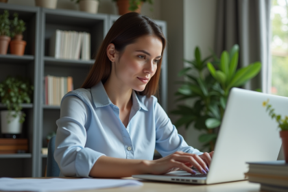 Femme en bureau moderne naviguant sur un site gouvernemental