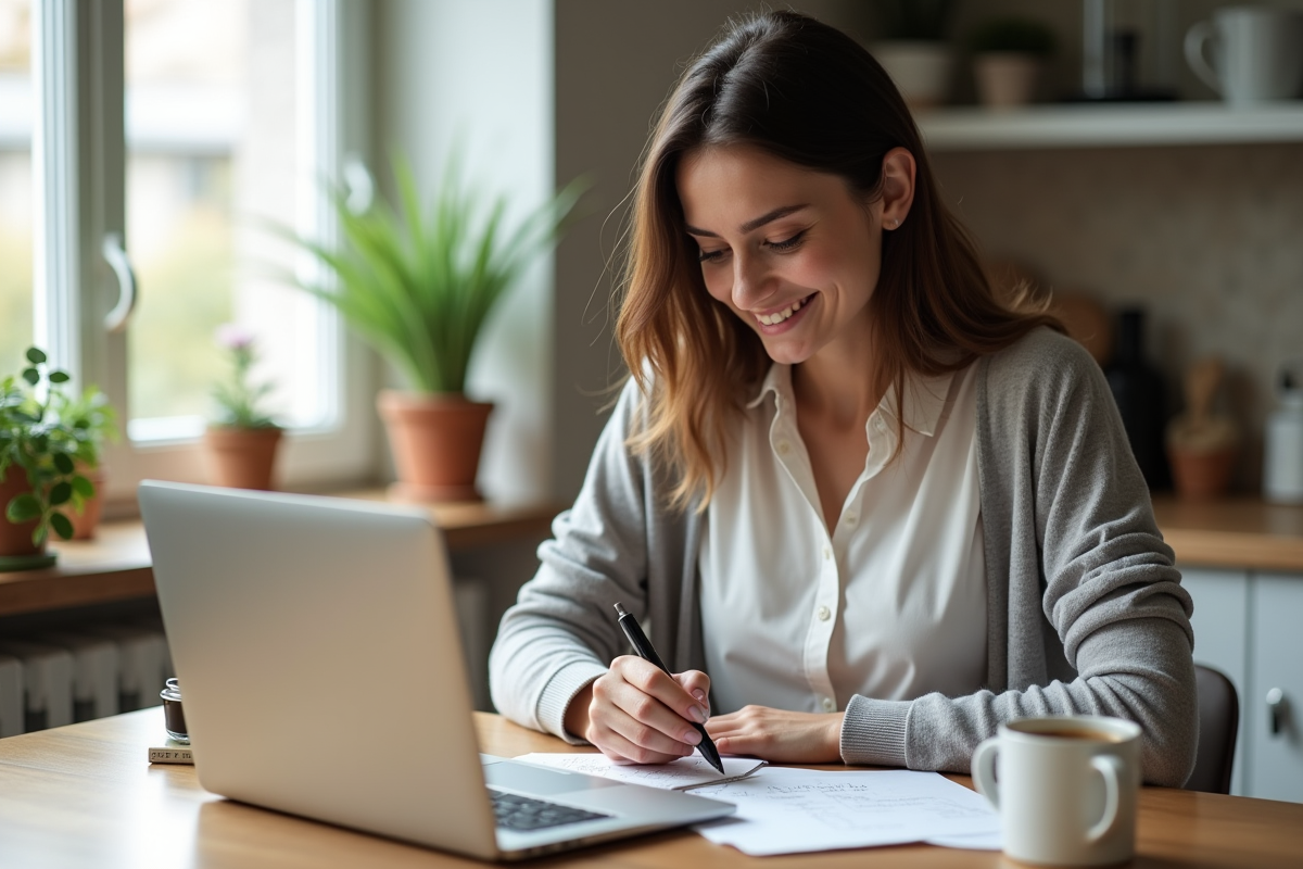 Femme assise à la cuisine avec ordinateur et notes