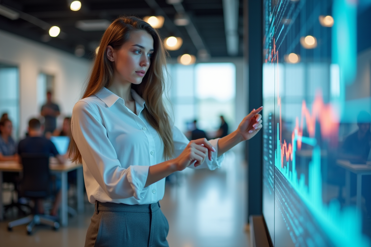 Jeune femme en coworking regarde un graphique financier numérique