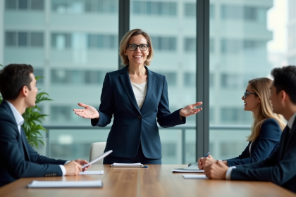 Femme confiante en réunion d'affaires dans un bureau moderne