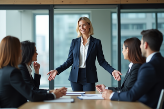 Femme confiante en réunion dans un bureau moderne
