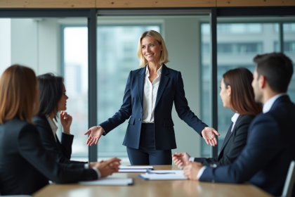 Femme confiante en réunion dans un bureau moderne