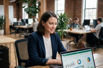 Une femme data analyst travaillant sur des tableaux de bord de données dans un espace de co-working moderne, illustrant le coût d'une formation data analyst