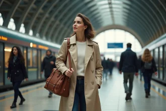 Femme partant en voyage dans une gare avec un sac en cuir, illustrant le verbe partir en français