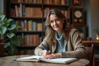 Femme écrivant dans un bureau cosy avec étagères et horloge