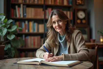 Femme écrivant dans un bureau cosy avec étagères et horloge