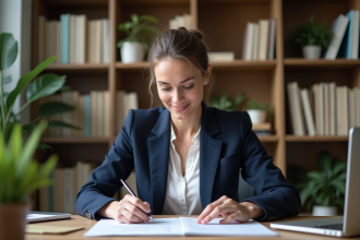 Femme confiante en bureau moderne pour article finance