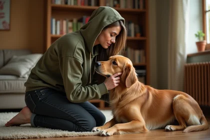Femme passionnée par les animaux examinant son chien golden retriever à la maison, illustrant la formation ACACED pour obtenir une certification professionnelle animalière