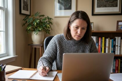 Femme en reconversion professionnelle suivant une formation en ligne depuis son bureau à domicile