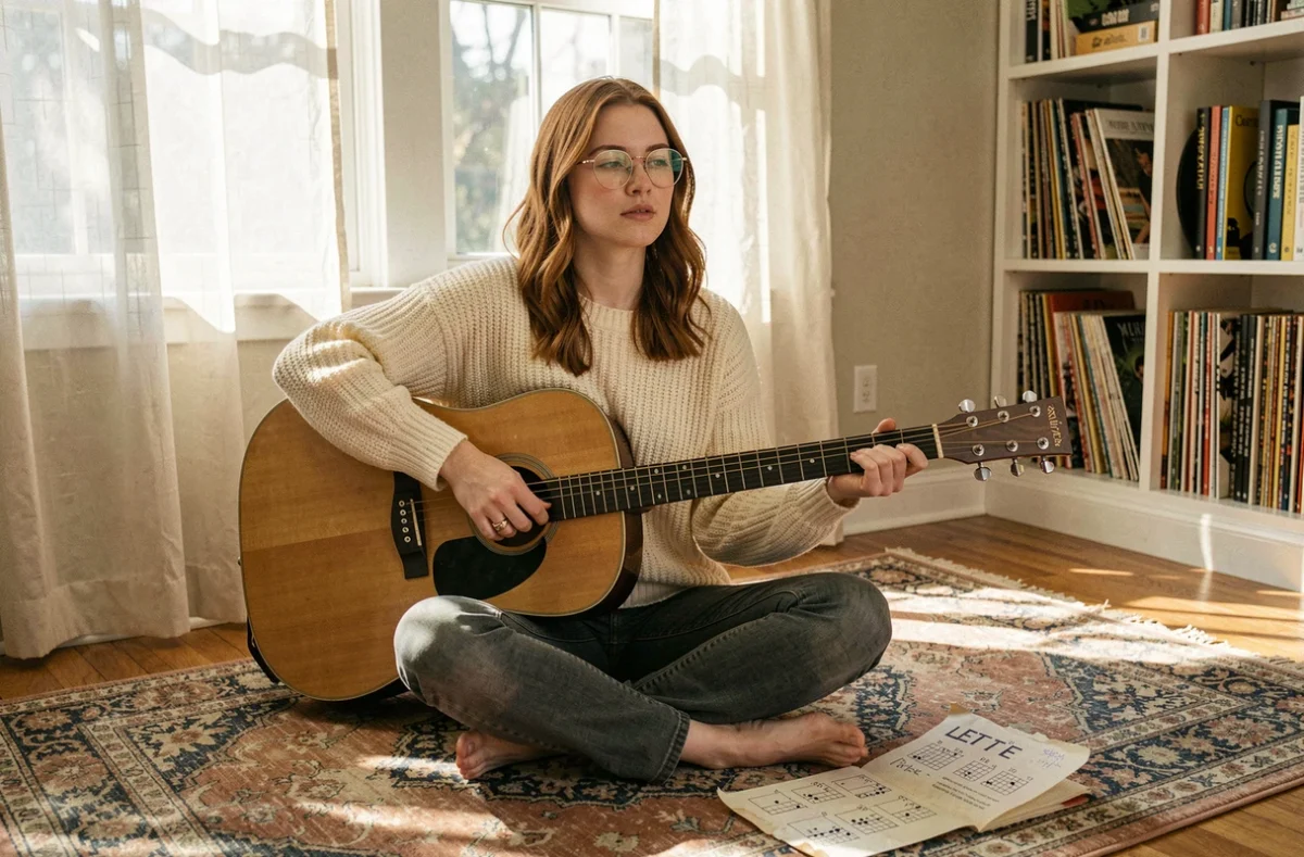 Jeune femme guitariste révisant les tabs de Let It Be avec une tablature imprimée sur un tapis vintage