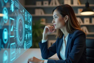 Femme d affaires regardant une interface holographique innovante