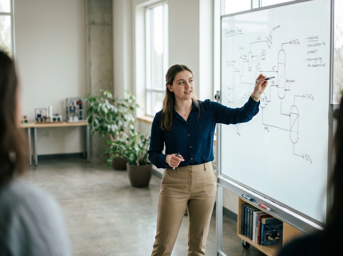 Jeune femme ingénieure présentant un diagramme dans une salle