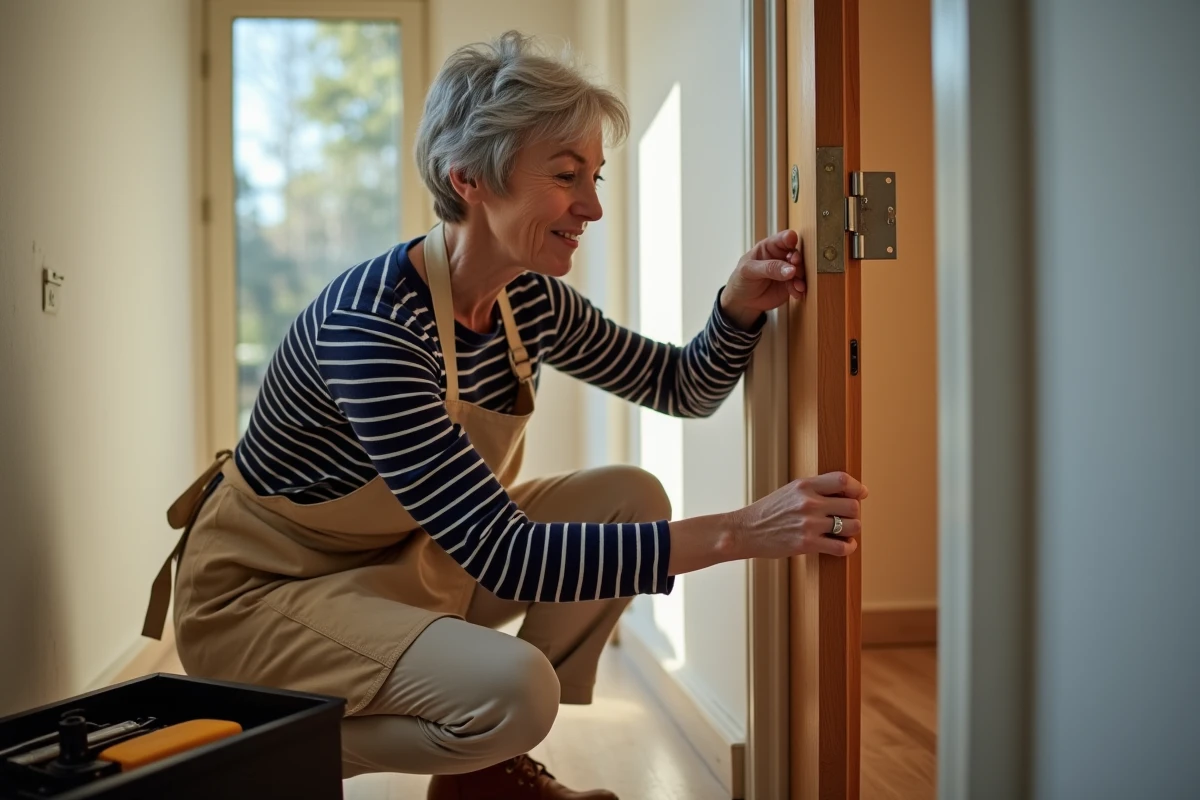 Femme mature inspectant une charnière de porte installée elle-même grâce à une formation bricolage en ligne