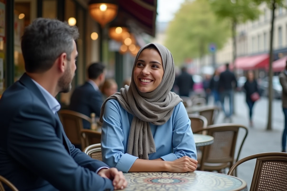 Jeune femme nord-africaine parlant avec un homme au café parisien