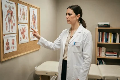 Femme ostéopathe en reconversion professionnelle étudiant des planches anatomiques dans un cabinet de consultation moderne