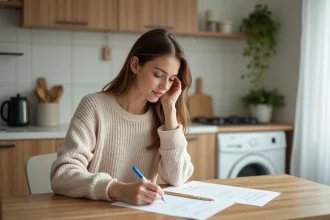 Jeune femme en cuisine remplissant des papiers avec concentration
