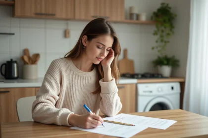 Jeune femme en cuisine remplissant des papiers avec concentration