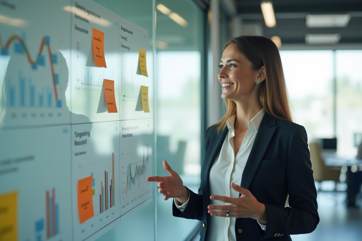 Femme confiante présentant des graphiques en entreprise