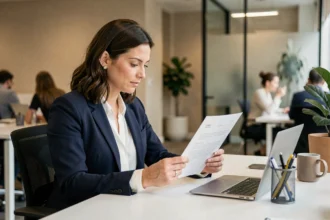 Femme professionnelle en reconversion relisant une lettre de recommandation dans un bureau moderne