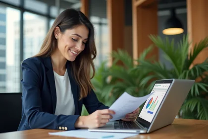 Femme professionnelle utilisant une plateforme de mentorat en ligne sur son ordinateur portable dans un bureau moderne