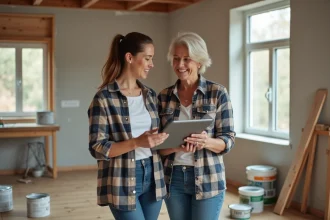 Femme souriante dans une pièce en rénovation intérieure