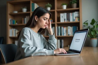Femme résolvant une erreur sur une plateforme d'apprentissage en ligne depuis son bureau à domicile