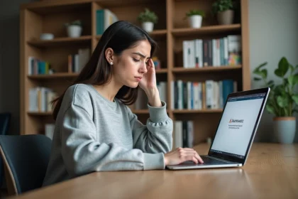 Femme résolvant une erreur sur une plateforme d'apprentissage en ligne depuis son bureau à domicile