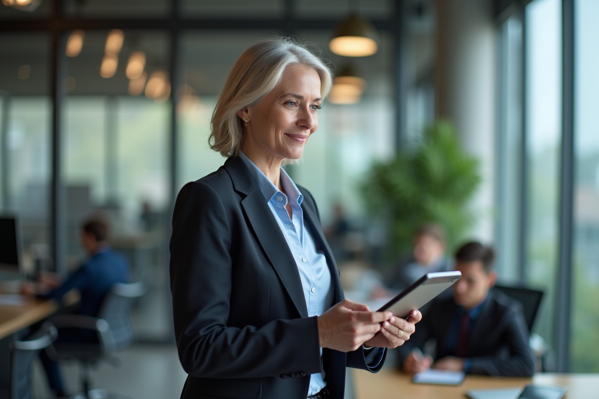Femme RH consultatant une tablette dans un bureau moderne