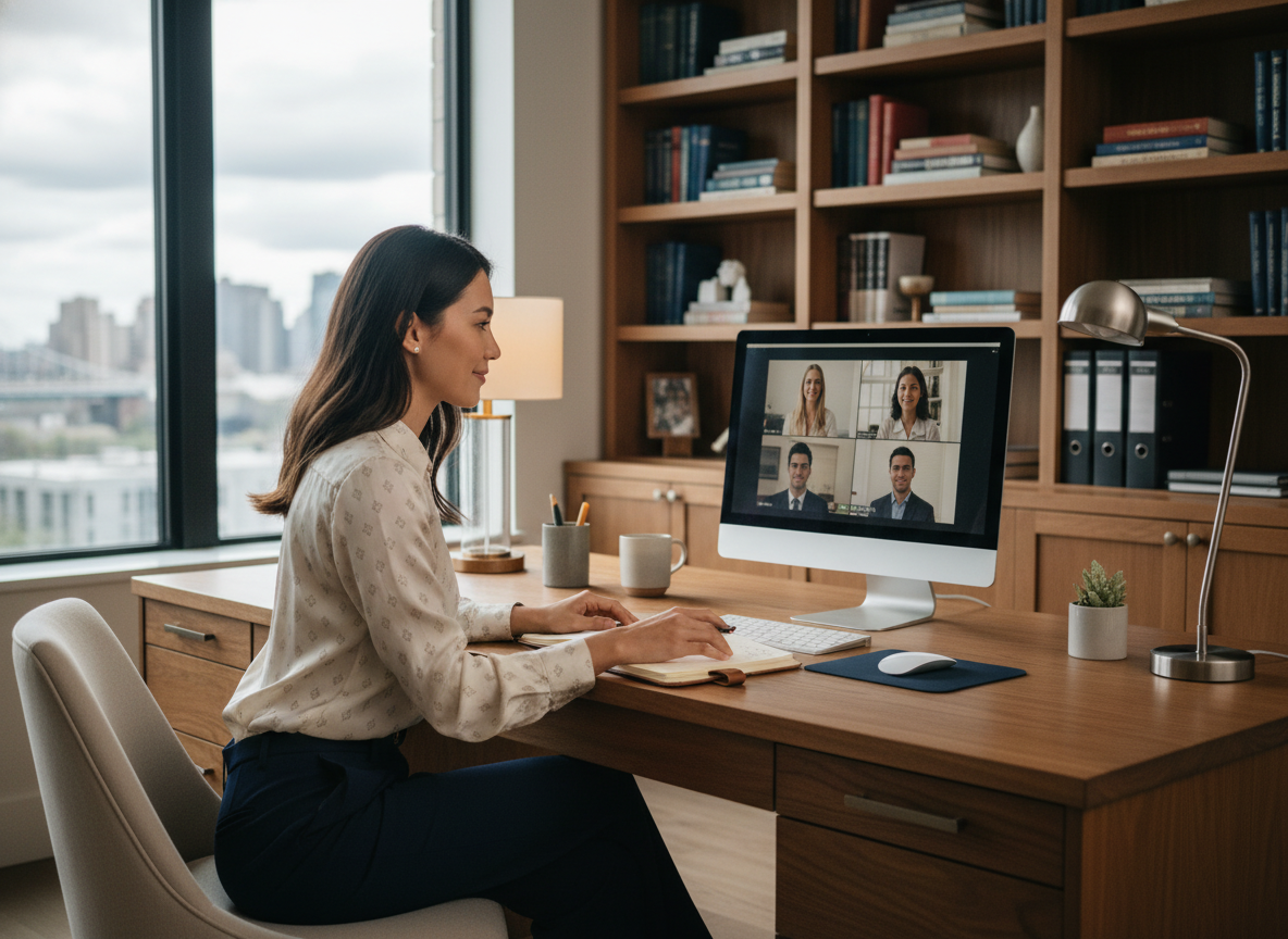 Femme en visioconference dans un bureau à domicile cosy