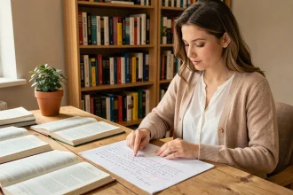 Jeune femme révisant les classes grammaticales avec des fiches d'exercices corrigés posées sur un bureau en bois