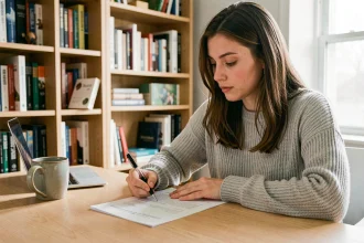 Jeune femme concentrée remplissant un test de QI imprimé à son bureau à domicile, entourée de livres de psychologie